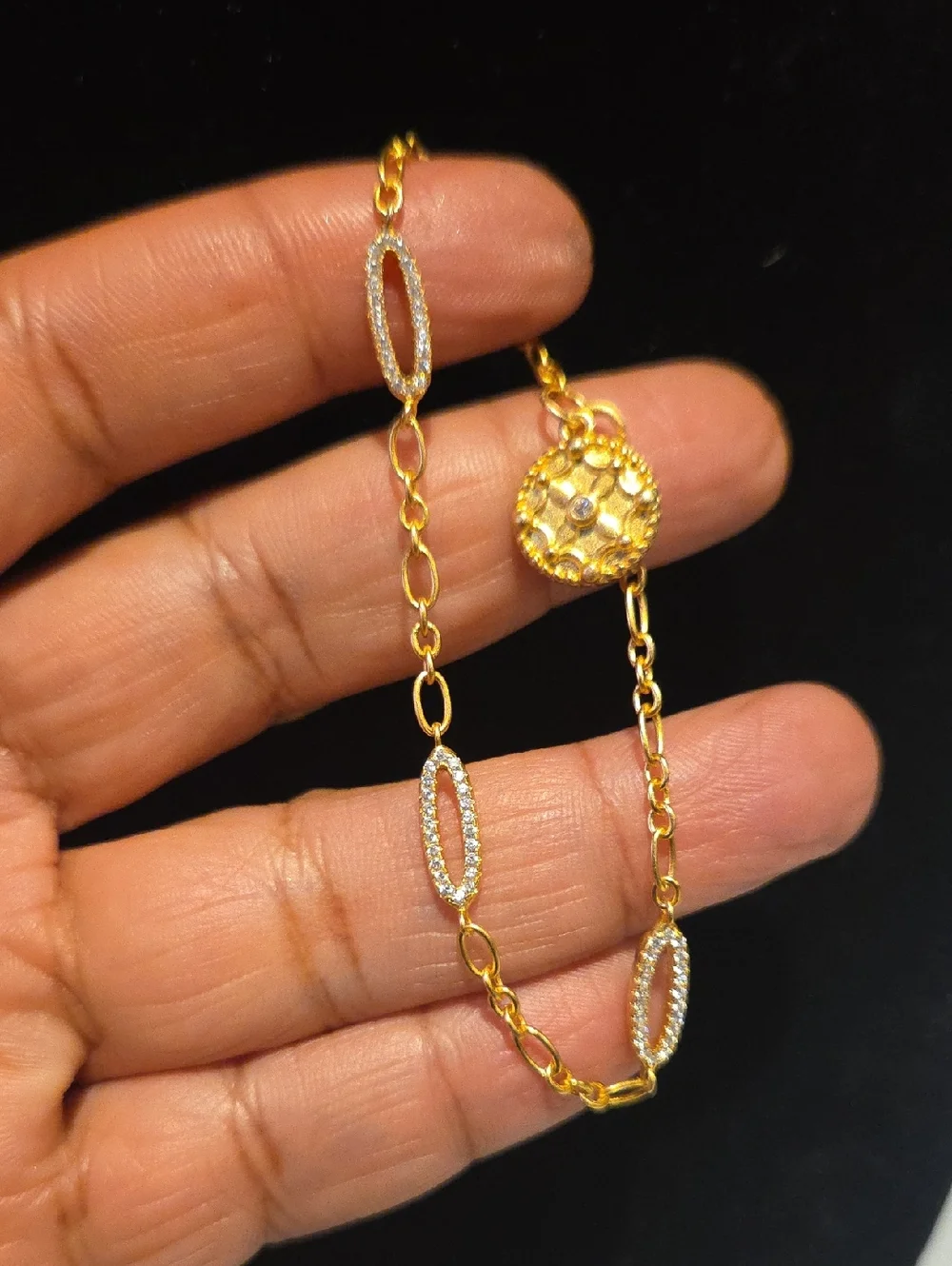 Gold Over Sterling Silver Oval Pave Link Bracelet with Floral Medallion - Picture 1 of 5